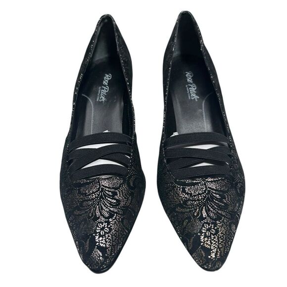 Fine Leather Rose Petals Black Lace Heels Size 12 Narrow Black Silver Patterned - Picture 4 of 13